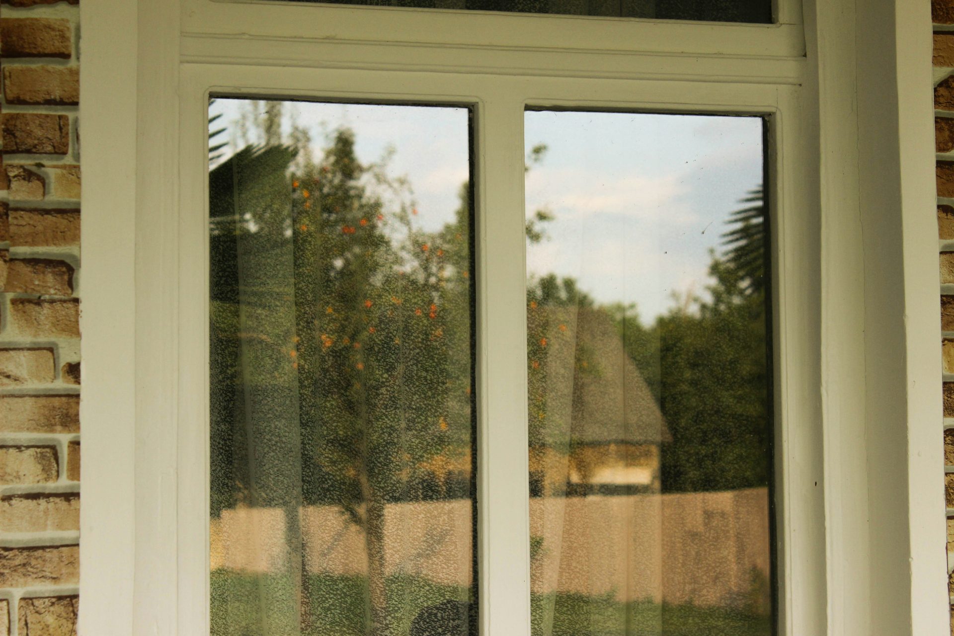 a cat sitting on a window sill in front of a house